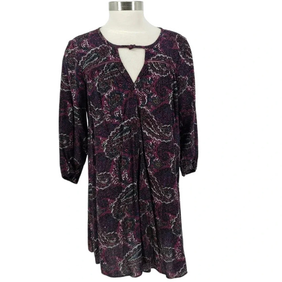 American Eagle Shift Peasant Dress Purple Paisley Keyhole Neck 3/4 Sleeve Boho - Picture 1 of 9